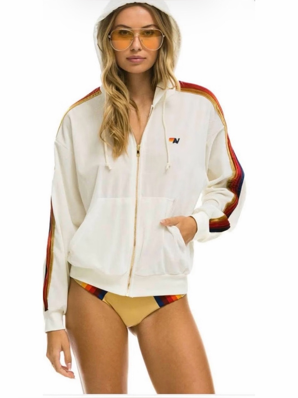 Aviator Nation Classic Velvet Relaxed Zip Hoodie White 5 Stripe